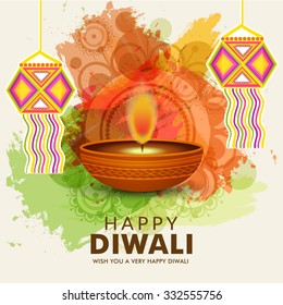 Vector illustration of decorated Diwali diya on colorful background.