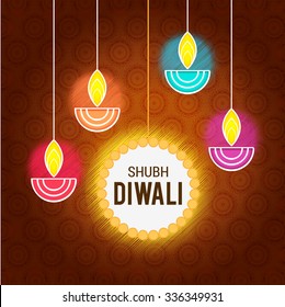 Vector illustration of decorated Diwali diya on colorful background.