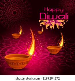 vector illustration of Decorated Diya for Happy Diwali festival holiday celebration of India greeting background