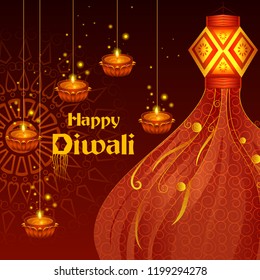 vector illustration of Decorated Diya for Happy Diwali festival holiday celebration of India greeting background