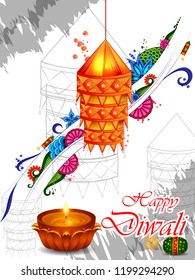 vector illustration of Decorated Diya for Happy Diwali festival holiday celebration of India greeting background