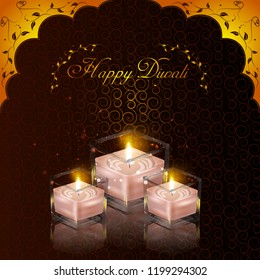 vector illustration of Decorated Diya for Happy Diwali festival holiday celebration of India greeting background