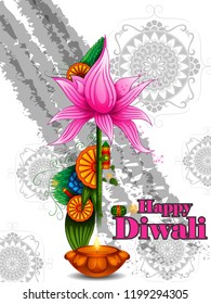 vector illustration of Decorated Diya for Happy Diwali festival holiday celebration of India greeting background