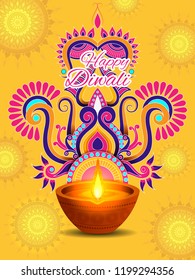 vector illustration of Decorated Diya for Happy Diwali festival holiday celebration of India greeting background