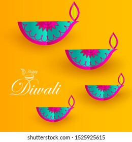 vector illustration of Decorated Diya for Happy Diwali festival holiday celebration of India greeting background