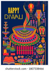 vector illustration of Decorated Diya for Happy Diwali festival holiday celebration of India greeting background