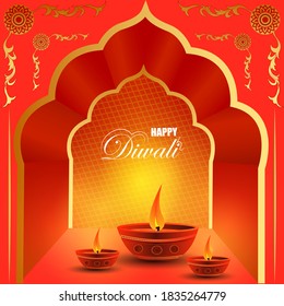 vector illustration of Decorated Diya for Happy Diwali festival holiday celebration of India greeting background