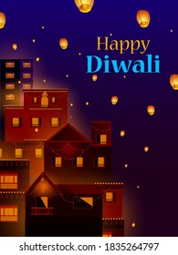 vector illustration of Decorated Diya for Happy Diwali festival holiday celebration of India greeting background