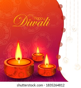 vector illustration of Decorated Diya for Happy Diwali festival holiday celebration of India greeting background