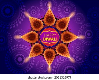vector illustration of Decorated Diya for Happy Diwali festival holiday celebration of India greeting background