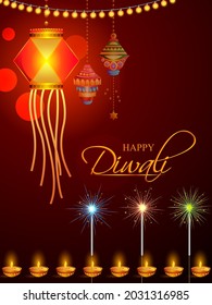 vector illustration of Decorated Diya for Happy Diwali festival holiday celebration of India greeting background