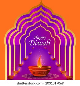 vector illustration of Decorated Diya for Happy Diwali festival holiday celebration of India greeting background