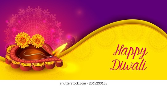 vector illustration of Decorated Diya for Happy Diwali festival holiday celebration of India greeting background