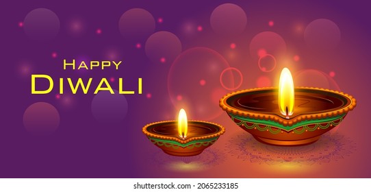 vector illustration of Decorated Diya for Happy Diwali festival holiday celebration of India greeting background