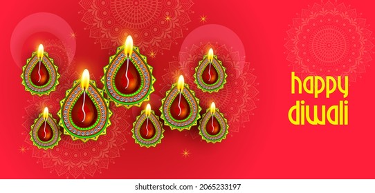 vector illustration of Decorated Diya for Happy Diwali festival holiday celebration of India greeting background