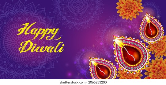 vector illustration of Decorated Diya for Happy Diwali festival holiday celebration of India greeting background