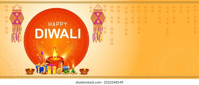 Ilustración vectorial de Diya decorado para la celebración de vacaciones del festival de Diwali feliz de fondo de saludo de la India