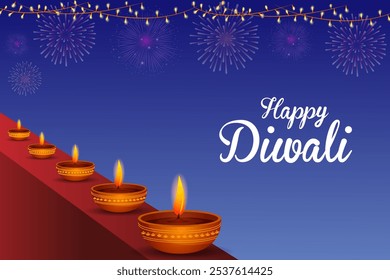 vector illustration of Decorated Diya for Happy Diwali festival holiday celebration of India greeting background