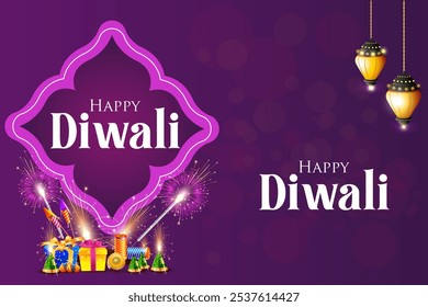 vector illustration of Decorated Diya for Happy Diwali festival holiday celebration of India greeting background