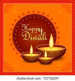 vector illustration of Decorated Diya for Happy Diwali festival holiday celebration of India greeting background