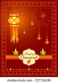 vector illustration of Decorated Diya for Happy Diwali festival holiday celebration of India greeting background