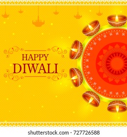 vector illustration of Decorated Diya for Happy Diwali festival holiday celebration of India greeting background