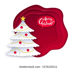 Vector illustration of decorated fir tree with red paper cut layered banner and Merry Christmas speech bubble.
