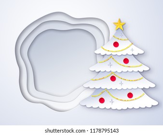 Vector illustration of decorated fir tree and paper cut layered shapes banner background.