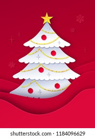 Vector illustration of decorated fir tree on red paper cut layered shapes background.