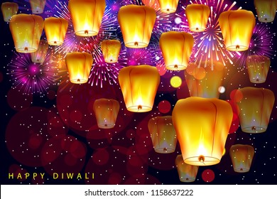 vector illustration of Decorated Floating sky lamp for Happy Diwali festival holiday celebration of India greeting background