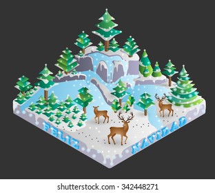 Vector illustration of decorated forest on Christmas Eve shown in isometric view with spanish translated marry christmas as feliz navidad.