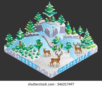 Vector illustration of decorated forest on Christmas Eve shown in isometric view.