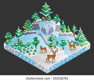 Vector illustration of decorated forest on Christmas Eve shown in isometric view with german translated merry christmas as frohe weihnachten.