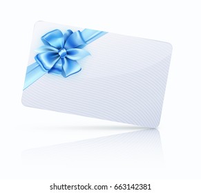 Vector illustration of decorated gift card with blue ribbons and bow