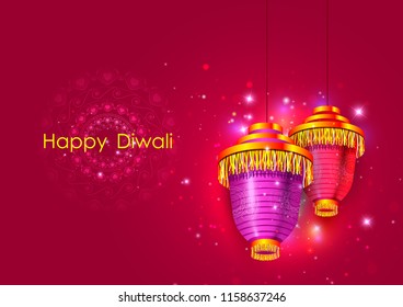 vector illustration of Decorated hanging lamp for Happy Diwali festival holiday celebration of India greeting background