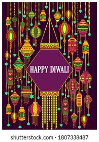 vector illustration of Decorated hanging lamp for Happy Diwali festival holiday celebration of India greeting background