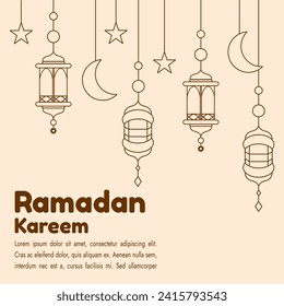 Vector illustration decorated with hanging lantern ornament, crescent moon and stars. Suitable for Ramadan Kareem greeting template design elements. Ramadan Kareem theme background template.