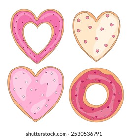 Una Ilustración vectorial de galletas de jengibre decoradas en forma de corazón con chispas. Perfecto para tarjetas de San Valentín, invitaciones, empaques, carteles y decoraciones festivas.