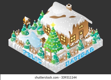 Vector illustration of decorated house on Christmas Eve shown in isometric view with spanish translated marry christmas as feliz navidad.