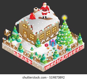 Vector illustration of decorated house on Christmas Eve shown in isometric view with german translated merry christmas as frohe weinachten.