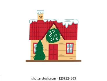 Vector illustration of a decorated house with snow on the roof, pine tree and wreath. Christmas ornament.