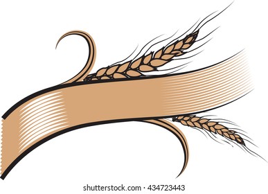 Vector illustration decorated ribbon with two ripe wheat ears. 