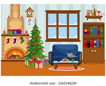 Vector illustration of a decorated room for Christmas and new year with a fireplace, Christmas tree, window, treats and gifts.