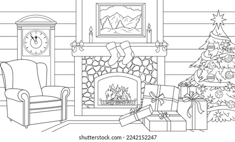 Vector illustration, decorated room with a fireplace with a decorated Christmas tree and gifts, coloring book