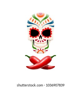 Vector illustration of decorated sugar skull and crossed chili peppers. Pirate symbols in mexican style. 