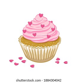 Vector illustration of decorated sweet cupcake with pink cream cheese frosting and pink heart shaped sprinkles. 