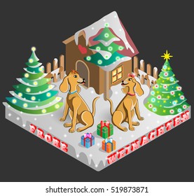 Vector illustration of decorated tree, dogs and gifts on Christmas Eve shown in isometric view with german translated merry christmas as frohe weinachten.