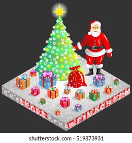 Vector illustration of decorated  tree, Santa and gifts on Christmas Eve shown in isometric view with german translated merry christmas as frohe weinachten.