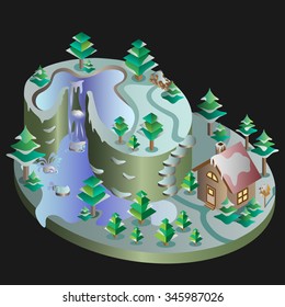 Vector illustration of decorated winter forest. Isometric view.
