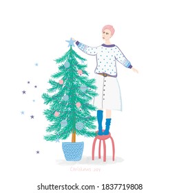 Vector illustration of decorating Christmas tree with lights, stars, balls. Holiday print in cartoon style. Greeting card for Merry Christmas and Happy New Year. 